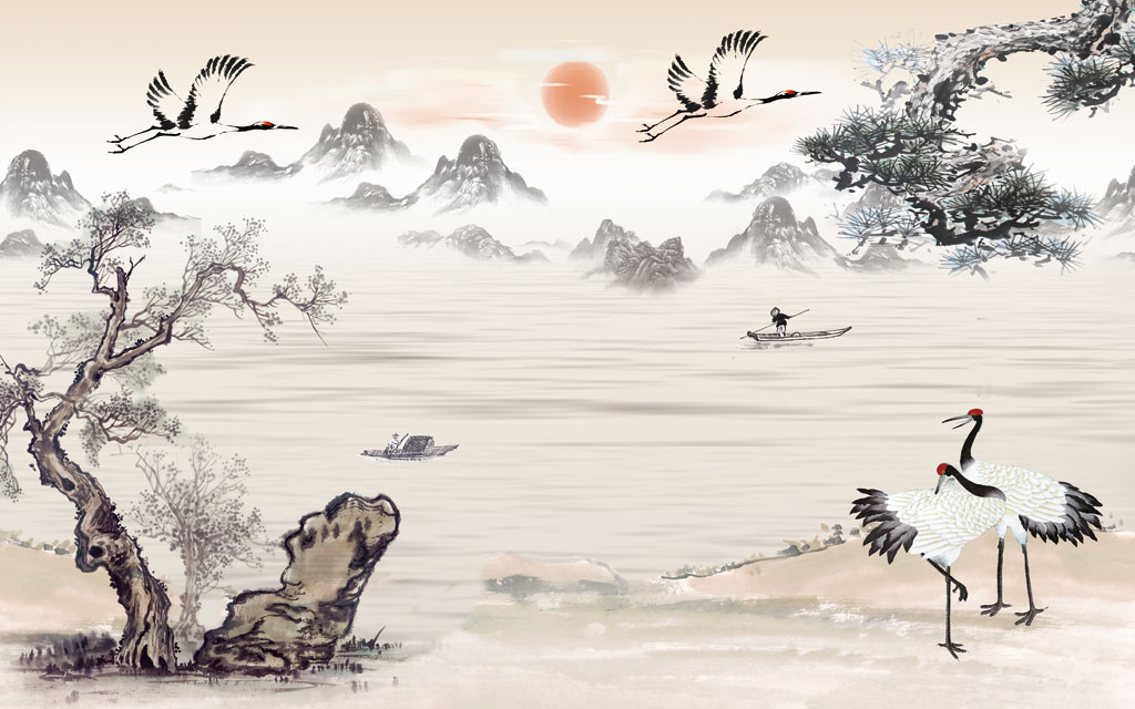 水墨山水 丹頂鶴